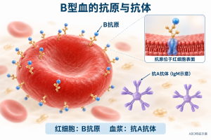 B型血的ABO抗原与抗体特征：红细胞表面具有B抗原，血浆中通常具有抗A抗体。抗原糖链及抗体形状为简化示意，不作为输血配型依据。