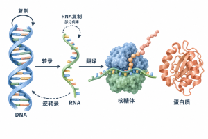 中心法则：DNA 经转录生成 RNA，RNA 经核糖体翻译形成多肽，随后折叠为蛋白质。DNA 可复制；逆转录和 RNA 复制发生于特定生物或病毒系统。