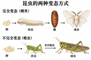 蛾类的完全变态依次经历卵、幼虫、蛹和成虫；蝗虫的不完全变态依次经历卵、若虫和成虫，若虫通过多次蜕皮发育为成虫。箭头表示个体发育的阶段顺序。