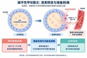 破坏性甲状腺炎可使储存激素释放入血，随后因储备耗竭出现暂时性功能减退。多数患者恢复，部分持续功能减退；并非所有患者都经历两个阶段。此图适用于亚急性、无痛性及产后甲状腺炎的部分患者。