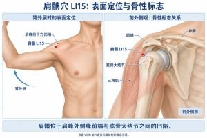 肩髃（LI15）定位示意：臂外展时，位于肩峰外侧缘前端与肱骨大结节之间的前方凹陷。右图以透视方式说明表面位置与骨性标志的关系，按WHO腧穴定位标准绘制。