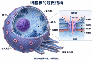间期细胞核结构示意：双层核被膜包围核质，核内可见核仁与染色质，核孔复合体参与核质之间的物质交换；外核膜与内质网相连续。示意图不按实际比例绘制。