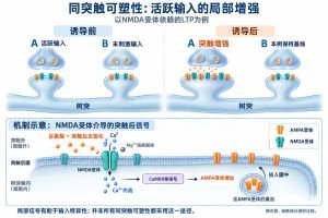 以NMDA受体依赖的长期增强（LTP）为例：活跃输入释放谷氨酸，并在突触后去极化配合下使NMDA受体解除镁离子阻断，Ca²⁺进入树突棘，激活CaMKII等信号并促进AMPA受体增加。局部信号有助于将增强集中在被激活的突触；相邻未刺激输入在此示例中保持基线。图示为常见机制简化，并非所有同突触可塑性的统一途径。
