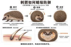 以欧洲刺猬为例的蜷缩防御示意：皮肌协同将头部、四肢和柔软腹面收拢在含刺皮肤以内，棘刺朝外构成防护层。棘刺由毛囊形成，是特化毛发；下方肌肉图仅表示边缘收拢方向，不是完整解剖图。