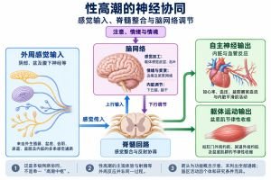 性高潮相关的神经协同概念示意：外周感觉经脊髓回路上行，脑网络参与感觉、情绪、奖赏和内脏调节，并通过下行通路调节外周反应。自主与躯体运动输出分开表示；图中未列出全部通路，也不代表单一高潮中枢。