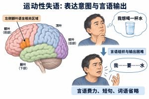 运动性失语常表现为言语费力、短句和词语省略。示意图标出左侧额叶语言相关区域，并用对话展示从表达意图到言语输出的困难；箭头表示表达过程。
