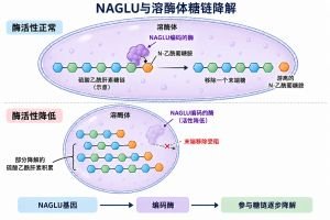 NAGLU编码的酶在溶酶体内参与硫酸乙酰肝素的逐步降解，从糖链末端移除N-乙酰葡糖胺。酶活性降低时，这一步受阻，部分降解的糖链在溶酶体内积累。