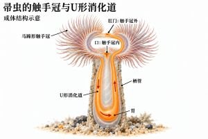 帚虫的触手围成马蹄形触手冠，口位于冠内，肛门位于冠外。消化道从口向躯干后端下降，折返后上行至肛门；橙色箭头表示消化道内的运输方向。
