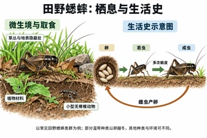 田野蟋蟀微生境与生活史示意：常见类群利用草丛、地表缝隙等隐蔽处，取食植物材料及小型无脊椎动物；经历卵、若虫和成虫阶段，无蛹期。部分温带种类以卵越冬，其他种类与环境可不同。