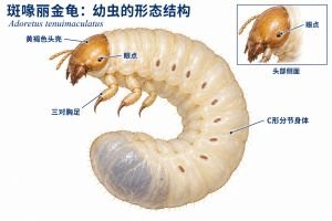 斑喙丽金龟幼虫具有乳白色C形分节身体、黄褐色硬化头壳和三对胸足。头部侧面的细小眼点在放大窗中展示，腹部不生腹足。