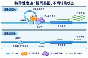 两类细胞保留相同的目标基因与调控区。上方细胞的激活因子结合增强子，DNA环使其靠近启动子处的RNA聚合酶II，产生较多mRNA；下方细胞缺少相应结合，转录水平较低。