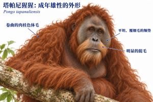 成年优势雄性塔帕尼猩猩具有卷曲的肉桂色体毛、较平坦且覆细毛的颊垫，以及明显的髭毛。细引线分别标出肩部体毛、脸侧颊垫和口鼻部髭毛。