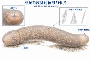 神龙毛皮贝的粗圆柱状身体表面覆盖细密钙质骨片，前部可见颈沟，后端为短小的外套腔区域。两处放大窗展示前端口盾与口，以及体表披针形、等腰三角形和针形骨片。