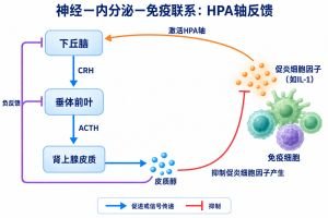 下丘脑释放CRH促使垂体前叶分泌ACTH，ACTH促进肾上腺皮质分泌皮质醇。炎症细胞因子可激活HPA轴；皮质醇抑制促炎细胞因子产生，并对下丘脑和垂体前叶形成负反馈。箭头表示促进或传递，T形端表示抑制。