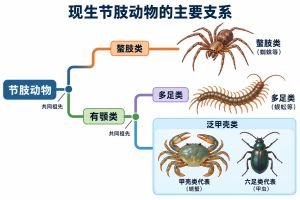 现生节肢动物可分为螯肢类与有颚类，有颚类包括多足类和泛甲壳类。泛甲壳类框内以螃蟹和甲虫展示甲壳类与六足类代表，树枝连接表示共同祖先的分化关系。