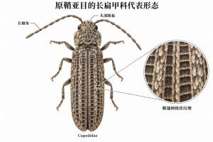 长扁甲科成虫具有狭长体形、长触角和头部隆起。鞘翅放大图展示网格状纹理及表面鳞片，细引线指示对应结构。