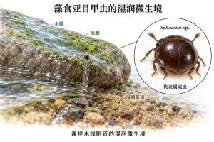 溪岸水线附近的岩石、水膜和湿润沙砾提供甲虫活动的微生境。放大窗展示藻食亚目代表属Sphaerius的成虫，蓝色箭头表示水膜流动。