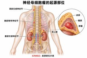 神经母细胞瘤可起源于肾上腺及颈、胸、腹部的交感神经组织。红色标记表示起源部位，局部放大图展示肾上腺皮质、髓质与髓质内肿瘤的位置。
