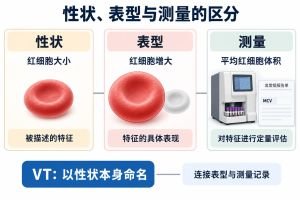 红细胞大小是被描述的性状，红细胞增大是其具体表型，平均红细胞体积是定量评估指标。VT以性状本身命名，连接表型与测量记录。