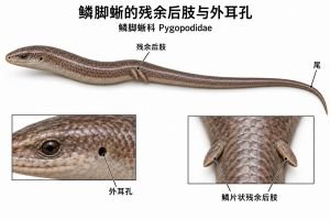 鳞脚蜥的细长躯体后方连接长尾，尾基部两侧保留鳞片状后肢。局部放大图分别标出眼后外耳孔和一对残余后肢。