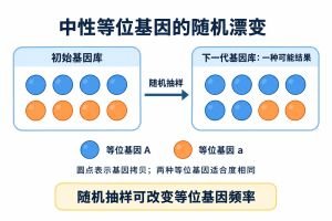 蓝点和橙点代表两种中性等位基因的拷贝。箭头表示代际随机抽样；示例中基因拷贝总数保持不变，两种等位基因的频率发生变化。