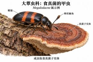 以Megalodacne属成虫展示棒状触角、覆盖腹部的鞘翅及取食真菌子实体的生态联系。木生硬质层孔菌生长在枯木上，引线标示成虫结构和真菌子实体。
