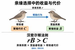 帮助者承担繁殖代价C，受益亲属获得繁殖收益B，r表示两者的亲缘系数。汉密尔顿法则以rB>C表示亲缘加权收益超过代价的条件；蓝箭头表示帮助方向。