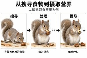 以松鼠取食坚果为例：搜寻食物后，啃开外壳并摄取种仁。黑箭头表示图示行为过程的顺序。