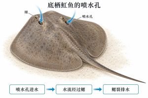 底栖魟鱼头背部的喷水孔位于眼后。蓝色箭头表示水流经喷水孔进入体内，流过鳃后从腹面的鳃裂排出。