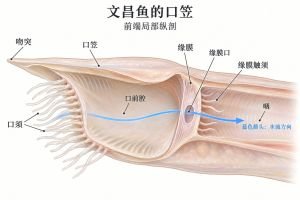 文昌鱼的口笠围成口前腔，前缘排列口须，上方为前伸的吻突。口前腔后方的缘膜中央具有开口，与咽相通，缘膜触须伸向咽内。蓝色箭头表示水流经口前腔、穿过缘膜口进入咽的方向。
