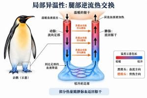企鹅腿部相邻的动脉与静脉中，血液沿相反方向流动，动脉血将部分热量传给回流的静脉血。黑箭头表示血流方向，橙箭头表示传热方向，色标表示温度由暖到冷。