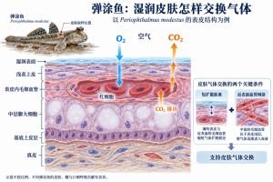 以Periophthalmus modestus为例的皮肤气体交换：近表面的表皮内毛细血管缩短扩散路径，氧气进入血液、二氧化碳向外扩散。图示非比例结构；不同弹涂鱼的皮肤、鳃与口咽呼吸贡献有差异。