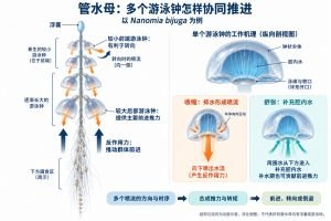 以Nanomia bijuga为例的多喷流推进：较大游泳钟主要提供前进推力，前端较小游泳钟有利于产生转矩。收缩排水与舒张补水共同构成工作周期；补水阶段也可贡献前进推力。结构和流向为功能示意，不代表全部管水母。