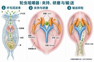 轮虫槌型咀嚼器的摄食示意：纤毛冠将食物送入口部，咀嚼器位于肌肉性咀嚼囊内；成对齿板和分枝等硬质构件协作夹持、研磨并输送食物。不同类型咀嚼器的结构与功能不同，图为简化功能示意。