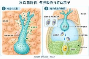 苏铁花粉管的吸器性生长与受精示意：花粉管在珠心内生长并获取营养，基部膨大区形成游动精子；成熟后精子释放至颈卵器室液体，游向卵细胞。图示不同发育阶段，结构与比例简化。