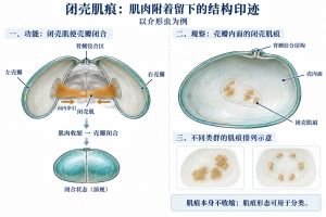介形虫的闭壳肌连接左右壳瓣内侧，收缩时牵引壳瓣闭合。肌痕是肌肉附着部位留下的壳体印迹，本身不收缩。图将活体闭壳运动与空壳内面的肌痕观察分开；肌痕的数目和排列因类群而异，是现生与化石介形虫分类的重要形态信息。
