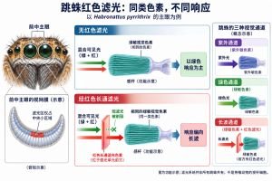 以 Habronattus pyrrithrix 的主眼为例，部分近端感光结构前方的红色长通滤光色素削弱短波光，使原本含绿敏视觉色素的感光结构形成偏向长波的额外响应通道。该滤光区局限于视网膜中央小区域，不是所有跳蛛都具有的特征；图中的通道为概念示意，不代表脊椎动物的视杆细胞。