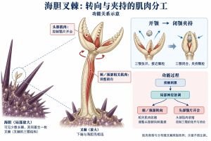 海胆叉棘的运动具有不同分工：柄／颈部相关肌肉调整头部朝向，头部的开颚与闭颚肌肉控制颚片夹持。研究显示这些肌肉受局部神经系统协调，肌肉类型与分布随叉棘类型而异。图为功能关系示意，未将柄肌画成直接开合颚片的统一环状肌，也未把毒腺、反应时限或再生时限当作所有叉棘的共同特征。
