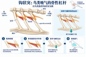 以鸟类肋骨钩状突为例：向后伸出的骨突为 appendicocostales 肌提供杠杆作用，有助于吸气时肋骨与胸骨的运动。图示突出骨突、相邻肋骨及相关肌肉的功能关系，不将不同器官的钩状结构视为同一种机制，也不表示钩状突可独立转动。