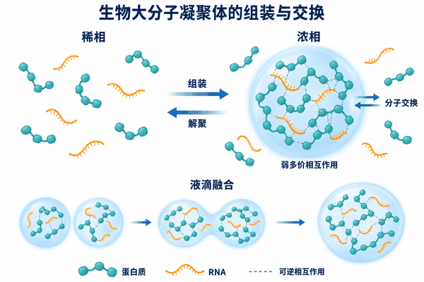液态生物大分子凝聚体的组装、解聚、分子交换和液滴融合示意