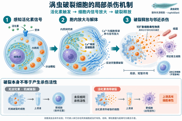 涡虫破裂细胞活化素触发与局部细胞毒性示意