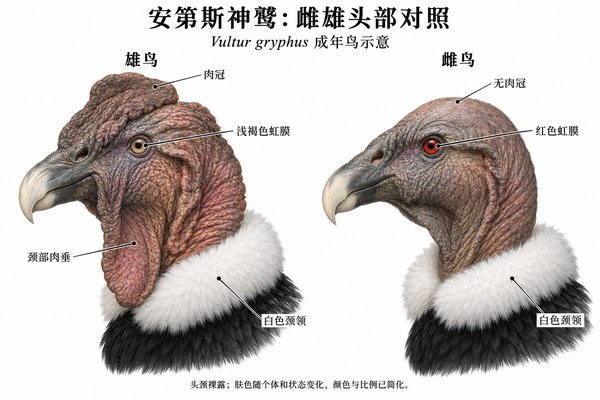安第斯神鹫成年雌雄肉冠、虹膜与白色颈领对照示意图
