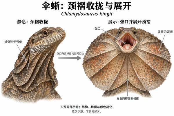 伞蜥颈褶收拢与展开专业中文示意图