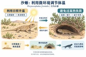 沙蜥（Phrynocephalus frontalis）可利用日照与庇荫、洞穴之间的微环境差异调节热负荷。图示太阳辐射帮助升温，而进入庇荫或洞穴可减少受热；实际选择还受土壤、植被与捕食风险影响，并非固定时刻表或饲养温度建议。