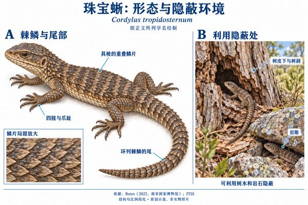 珠宝蜥形态与隐蔽环境专业中文示意图
