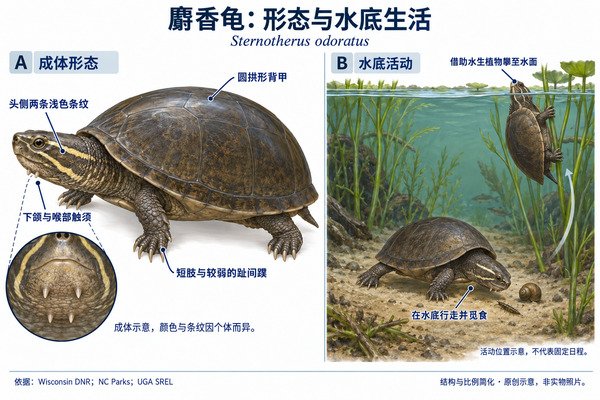 麝香龟成体形态与水底活动专业中文示意图