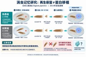 图示Shomrat与Levin于2013年研究的环境熟悉化与头部再生实验：再生后经过短暂重新接触环境，原熟悉组在行为测试中表现出记忆节省效应。研究未据此鉴定一种可在个体间转移记忆的蛋白，因此不能把再生后的行为保留等同于蛋白注射实现记忆移植。