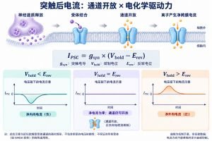递质结合使突触后受体通道开放，但电流的方向和大小还取决于驱动力。电压钳条件下，可用 I_PSC=g_syn(V_hold−E_rev) 表示近似关系：钳制电位低于反转电位时为净内向电流，等于反转电位时净电流为零，高于反转电位时为净外向电流。净电流为零不等于通道关闭；电流正负也不能独立判断兴奋或抑制。图中曲线仅为机制示意。