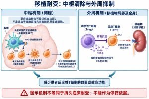 中枢与外周机制可共同限制供者反应性T细胞。混合造血嵌合条件下，供者来源的抗原呈递细胞可在胸腺参与清除部分供者反应性T细胞；外周Treg可抑制效应T细胞反应，从而减轻对移植物的免疫攻击。机制与作用程度随模型和个体而异，图示不表示已经获得持久临床耐受，也不能作为停用免疫抑制药物的依据。