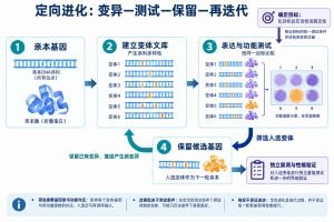 定向进化把序列变异、功能测试和遗传信息保留连接成迭代循环：从亲本基因建立变体文库，表达后按预先设定的目标测试，选出的变体基因成为下一轮亲本。图以酶功能筛选为例；每轮都需重新检验目标性能，筛选结果不保证所有性质同时改善，也不意味着每轮必然进步。